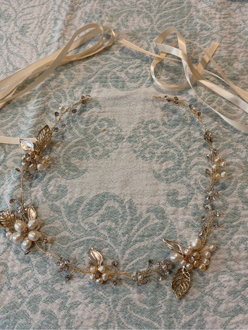 Gold Pearl and Crystal Bridal Hair Vine